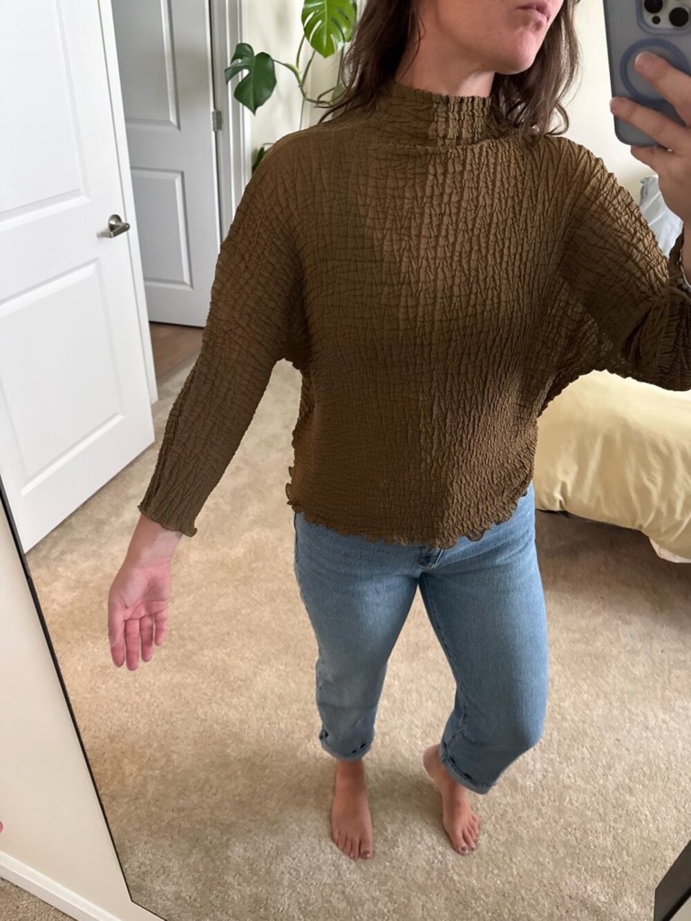 Champagne Collection by All That Glitters Brown Crinkle Dolman Sleeve Top OSFM